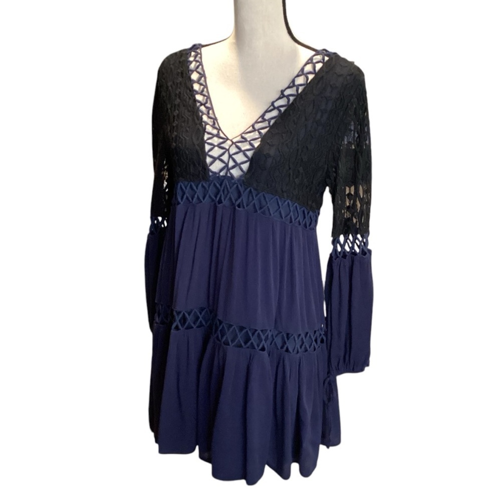Vintage Havana Navy and Black Crochet Trim Midi Dress